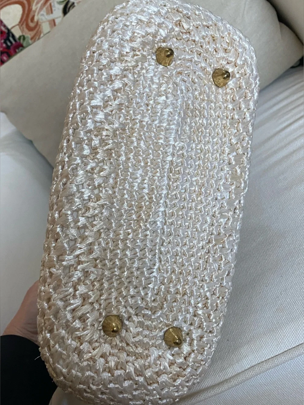VTG 1950s Cream Woven Raffia Purse White Lucite Top Handle Kiss Lock Frame